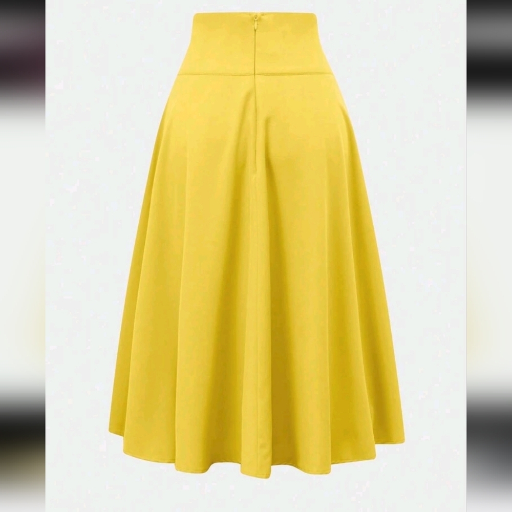 Women's Summer Casual Solid Color Belted Waist Yellow Skirt - Picture 2 of 4